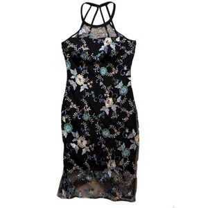 Guess Los Angeles Black Floral Embroidered Mesh Halter Bodycon size 4‎ NWT